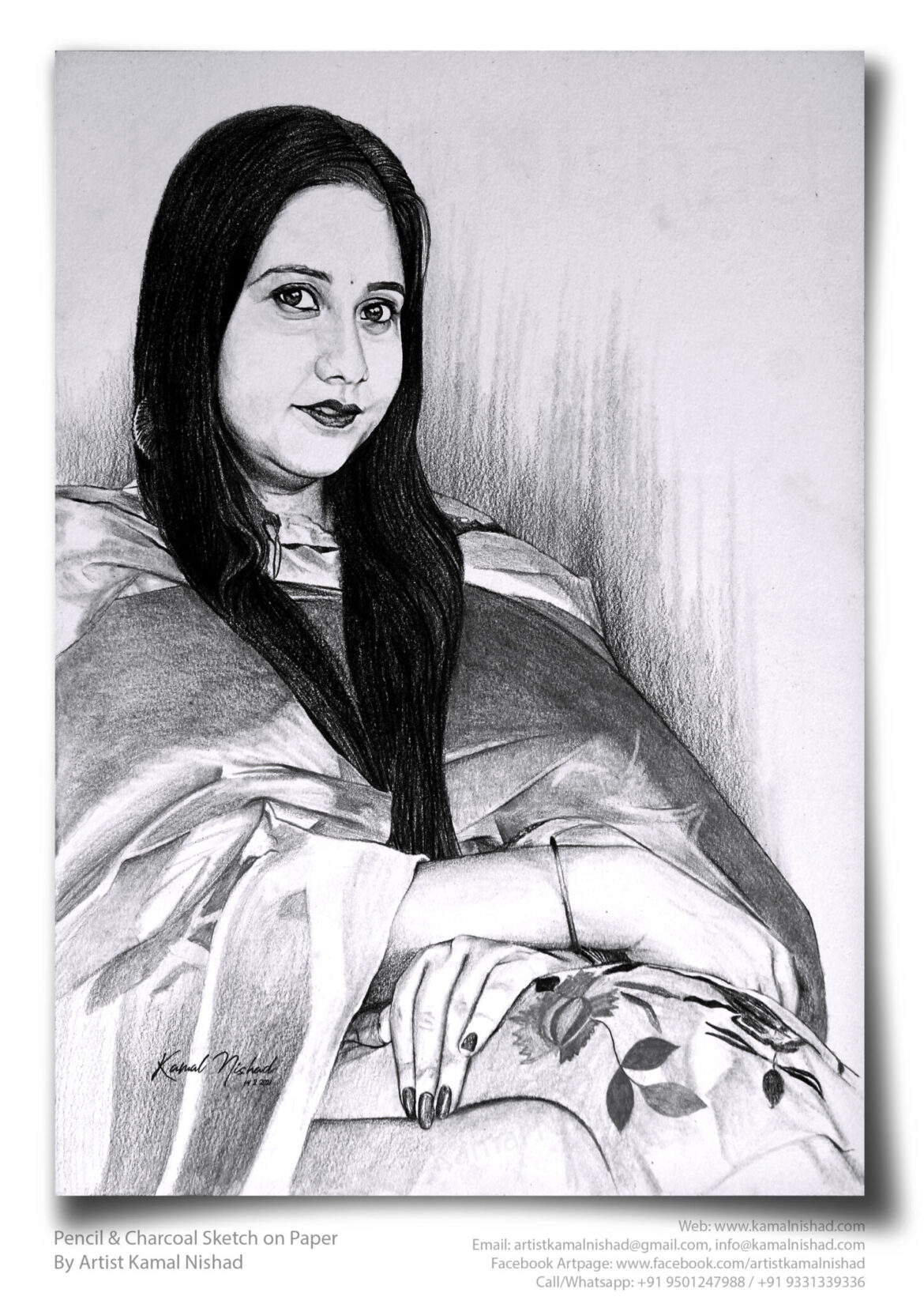 A CALM SMILE | Pencil & Charcoal Sketch Title : A CALM SMILE Medium : Pencil & Charcoal Sketch Size : A3 Paper size (Sketch size 29.7 x 42.0 cm*) Artist : Kamal Nishad This is a Handmade/hand-drawn Sketch made with Pencil & Charcoal “A CALM SMILE”. This is a Gift from One of my Client to her friend. 💐 SIZE: Paper size A3 (work area 11.7 x 16.5 inches *estimated) Created by © Kamal Nishad. All rights reserved.