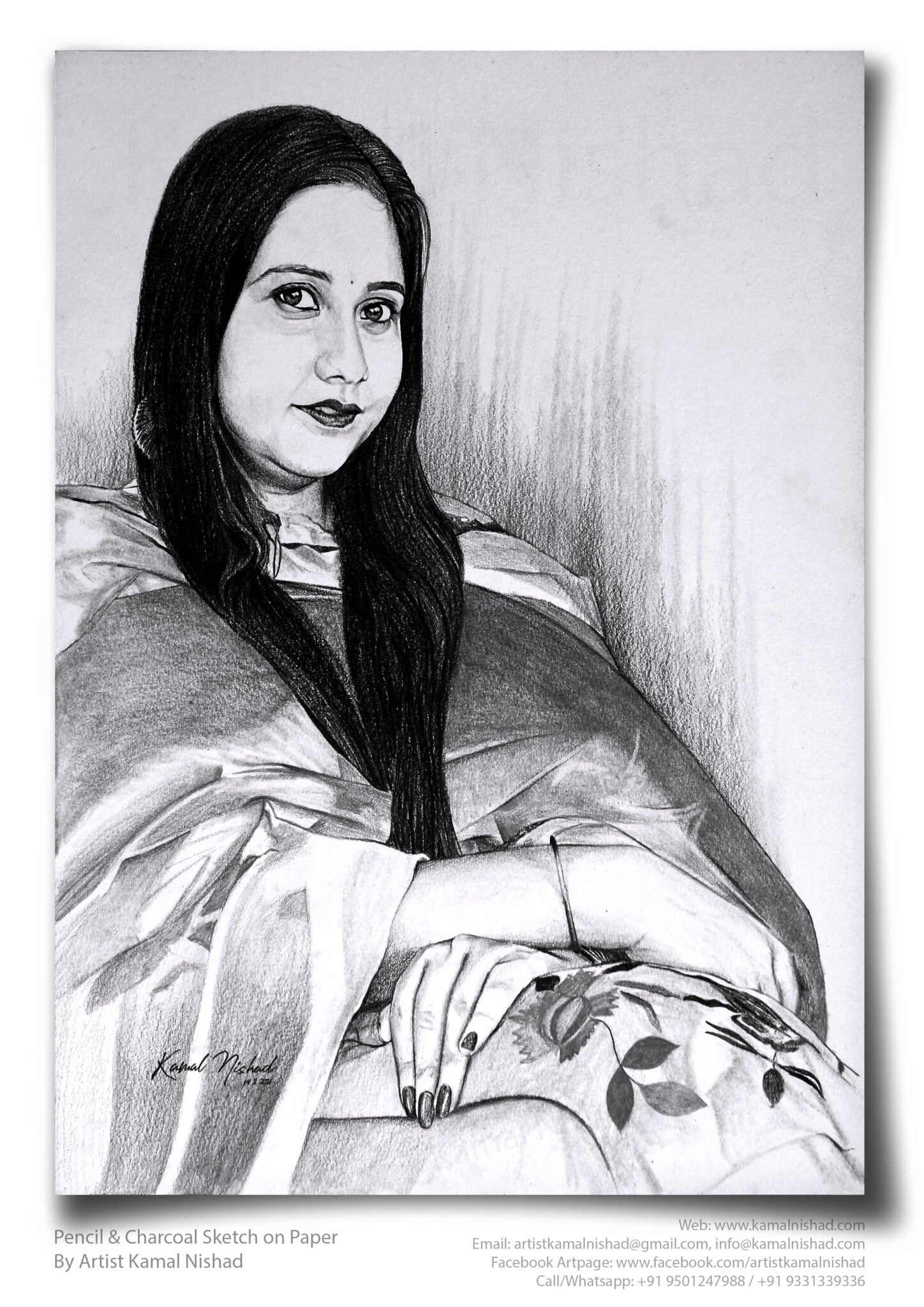 A CALM SMILE | Pencil & Charcoal Sketch Title : A CALM SMILE Medium : Pencil & Charcoal Sketch Size : A3 Paper size (Sketch size 29.7 x 42.0 cm*) Artist : Kamal Nishad This is a Handmade/hand-drawn Sketch made with Pencil & Charcoal “A CALM SMILE”. This is a Gift from One of my Client to her friend. ? SIZE: Paper size A3 (work area 11.7 x 16.5 inches *estimated) Created by © Kamal Nishad. All rights reserved.