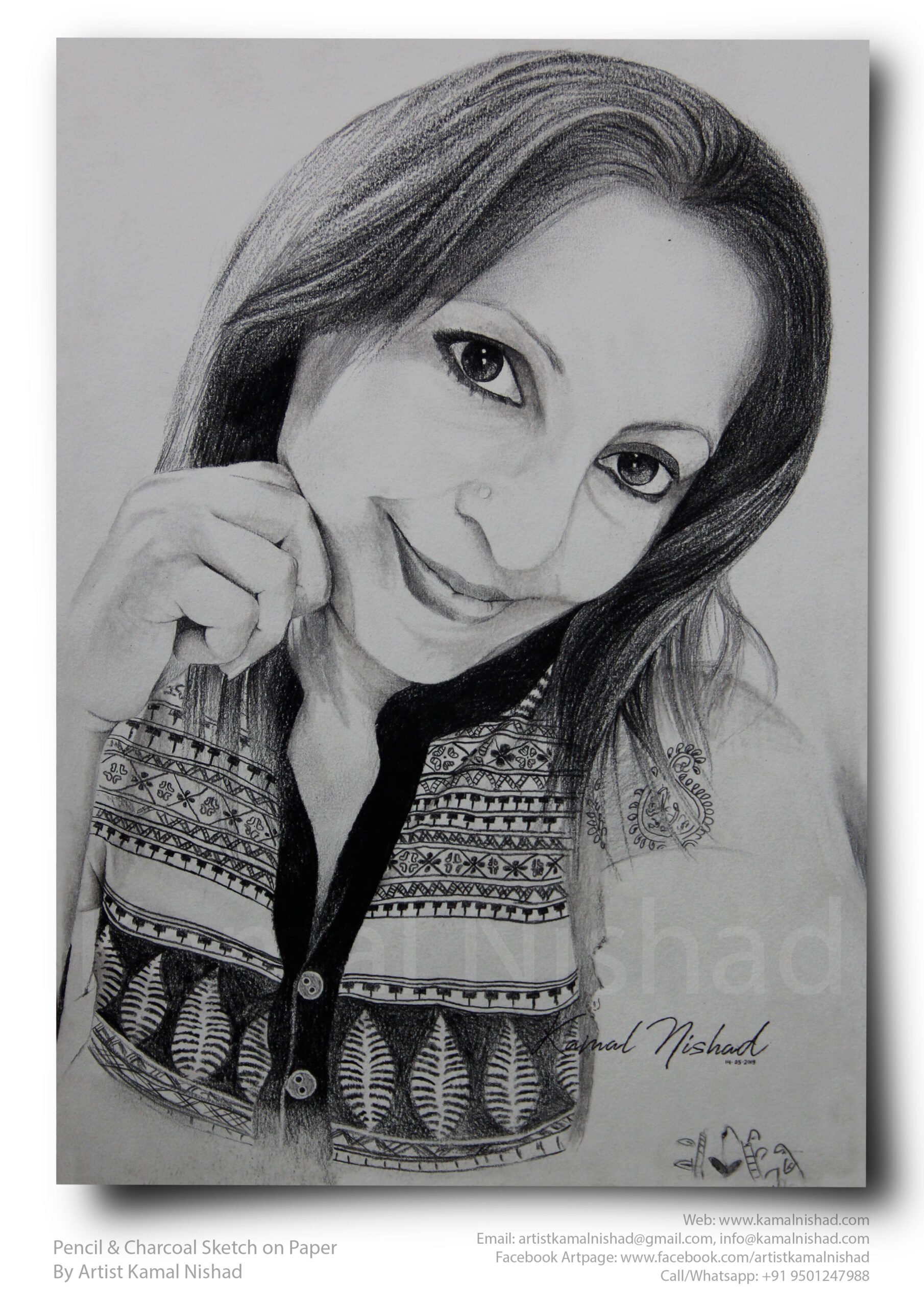 A GIRL’S SELFIE WITH SMILE | Pencil & Charcoal Sketch This is a Handmade Sketch made with Pencil & Charcoal “A GIRL’S SELFIE WITH SMILE”. One of my client/customer (MALE) wanted me to draw this portrait for her birthday gift. SIZE: A3 Created by © Kamal Nishad. All rights reserved.