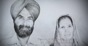 A SIKH COUPLE | Pencil & Charcoal Sketch This is a Handmade Sketch made with Pencil & Charcoal “A SIKH COUPLE”.  One of my client/customer (MAN) wanted me to draw his parent’s portrait for their anniversary.  SIZE: A3  Created by © Kamal Nishad. All rights reserved. www.kamalnishad.com