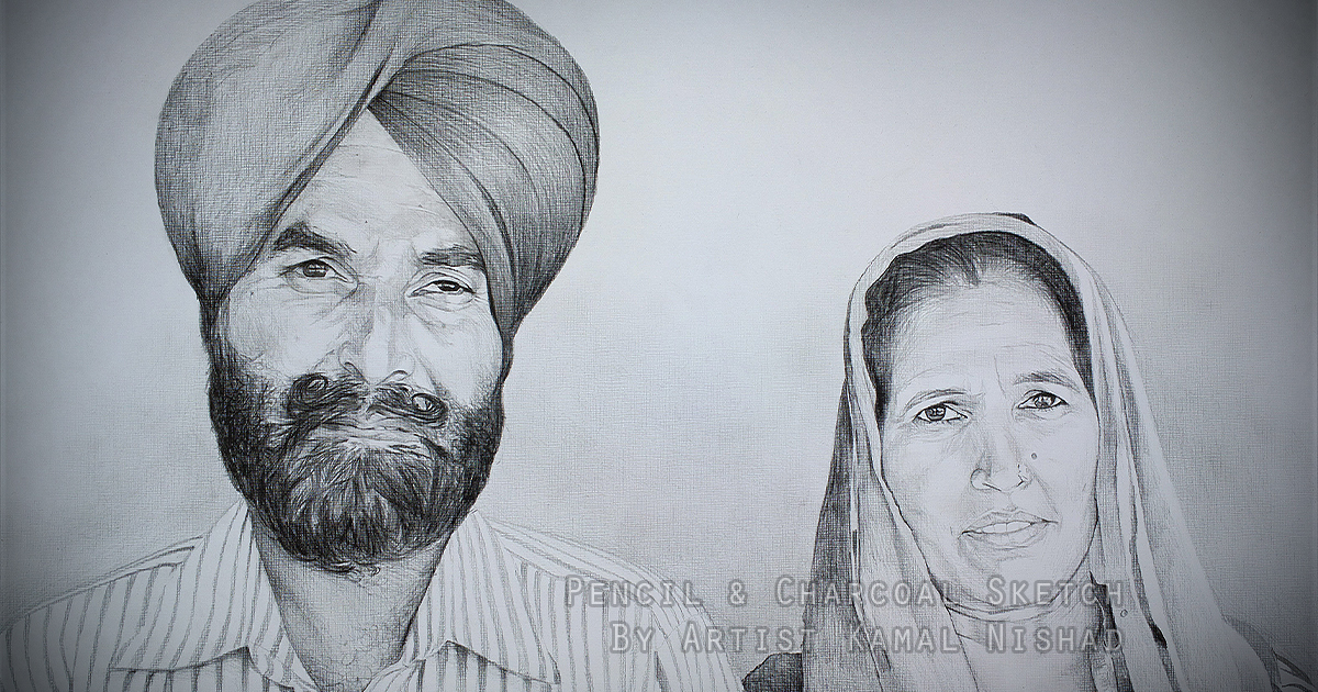 A SIKH COUPLE | Pencil & Charcoal Sketch This is a Handmade Sketch made with Pencil & Charcoal “A SIKH COUPLE”. One of my client/customer (MAN) wanted me to draw his parent’s portrait for their anniversary. SIZE: A3 Created by © Kamal Nishad. All rights reserved.