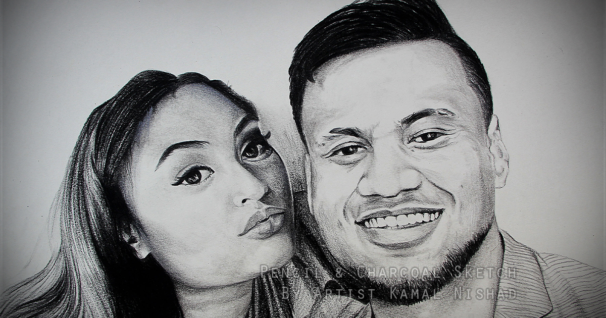 A SWEET COUPLE | Pencil & Charcoal Sketch This is a Handmade Sketch made with Pencil & Charcoal “COUPLE”. One of my client/customer (FEMALE) from New Zealand, wanted me to draw her friend’s portrait for her. The picture provided by her was so blurry, so I somehow managed to draw this picture for her. SIZE: A3 Created by © Kamal Nishad. All rights reserved.