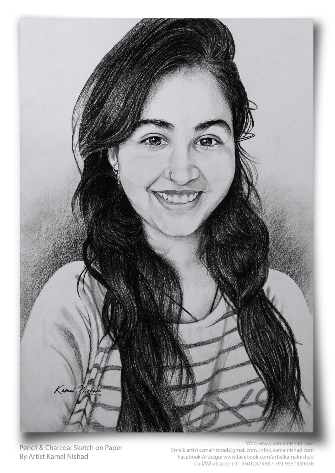 AMAZING SMILE | Pencil & Charcoal Sketch Title : AMAZING SMILE Medium : Pencil & Charcoal Sketch Size : A3 Paper size (Sketch size 18.5 x 23.7 cm*) Artist : Kamal Nishad This is a Handmade/hand-drawn Sketch made with Pencil & Charcoal “AMAZING SMILE”. One of my client/customer wanted me to draw this portrait for her friend. SIZE: Paper size A3 (work area 11.7 x 16.5 inches *estimated) Created by © Kamal Nishad. All rights reserved.