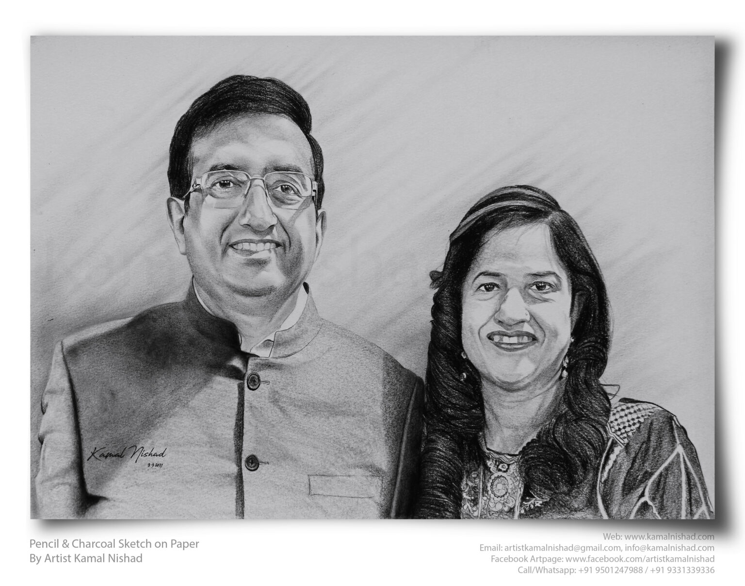 ANNIVERSARY COUPLE | Pencil & Charcoal Sketch Title : ANNIVERSARY COUPLE Medium : Pencil & Charcoal Sketch Size : A3 Paper size (Sketch size 18.5 x 23.7 cm*) Artist : Kamal Nishad This is a Handmade/hand-drawn Sketch made with Pencil & Charcoal “ANNIVERSARY COUPLE”. This is a Gift from One of my Client to his parents. ? SIZE: Paper size A3 (work area 11.7 x 16.5 inches *estimated) Created by © Kamal Nishad. All rights reserved.