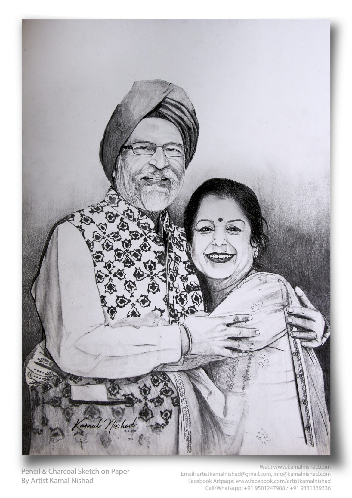 AGELESS BLISS | Pencil & Charcoal Sketch Title : AGELESS BLISS Medium : Pencil & Charcoal Sketch Size : A3 (11.7 x 16.5 inch*) Artist : Kamal Nishad This is a Handmade/hand-drawn Sketch made with Pencil & Charcoal “AGELESS BLISS”. One of my client/customer wanted me to draw this portrait for their anniversary gift. SIZE: A3 (11.7 x 16.5 inches *estimated) Created by © Kamal Nishad. All rights reserved.