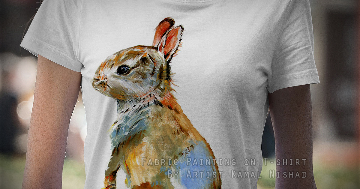 BUNNY | Fabric Painting on T-Shirt for Female This is a Hand-drawn “Bunny” painting made with Fabric colors on T-Shirt. One of my client/customer (FEMALE) wanted me to draw this on a female t-shirt. So I did this fabric painting for her. T-SHIRT SIZE: M Created by © Kamal Nishad. All rights reserved.