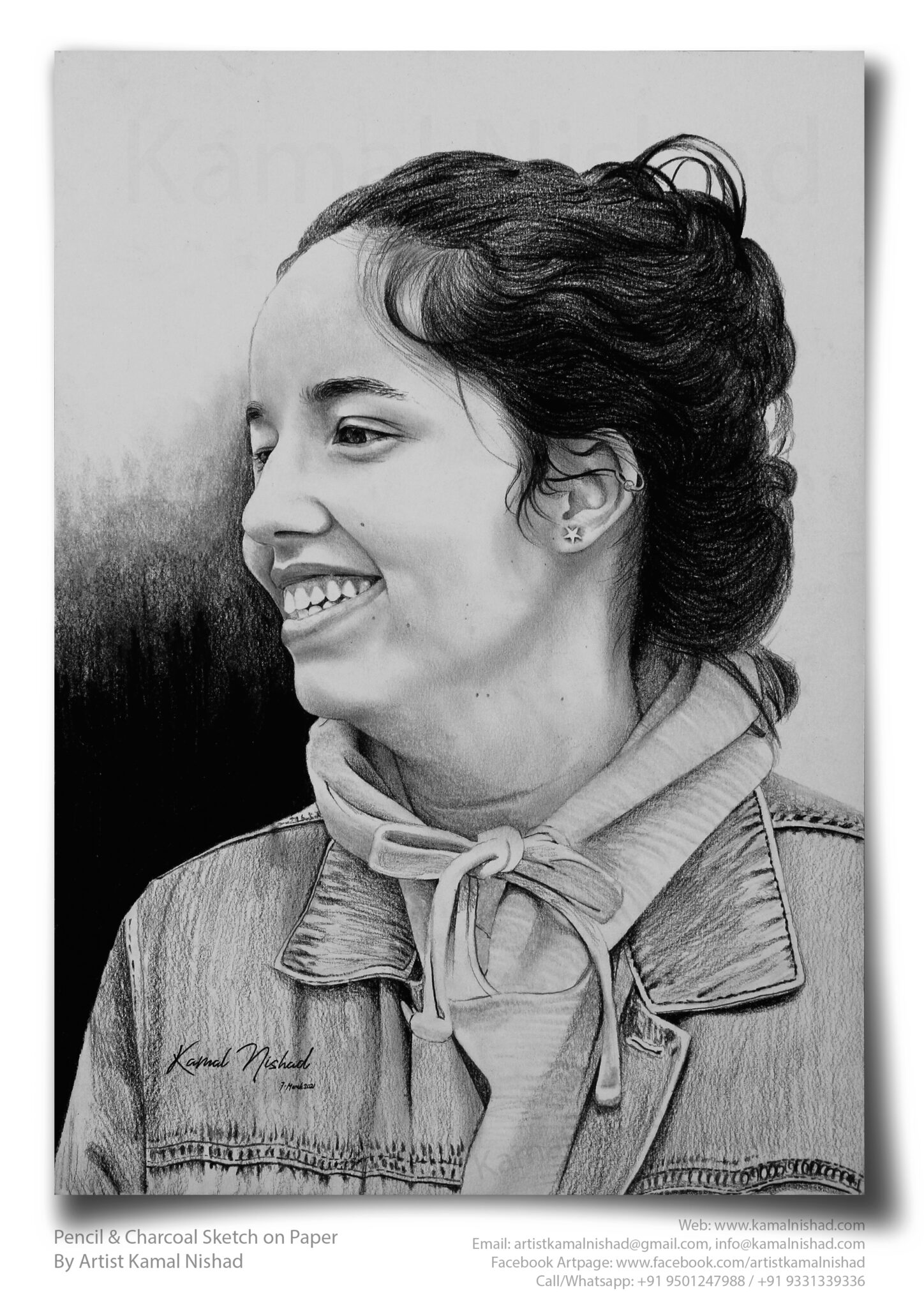 CUTE SMILE | Pencil & Charcoal Sketch Title : CUTE SMILE Medium : Pencil & Charcoal Sketch Size : A3 Paper size (Sketch size 29.7 x 42.0 cm*) Artist : Kamal Nishad This is a Handmade/hand-drawn Sketch made with Pencil & Charcoal “CUTE SMILE”. This is a Gift from One of my Client to her friend. ? SIZE: Paper size A3 (work area 11.7 x 16.5 inches *estimated) Created by © Kamal Nishad. All rights reserved.