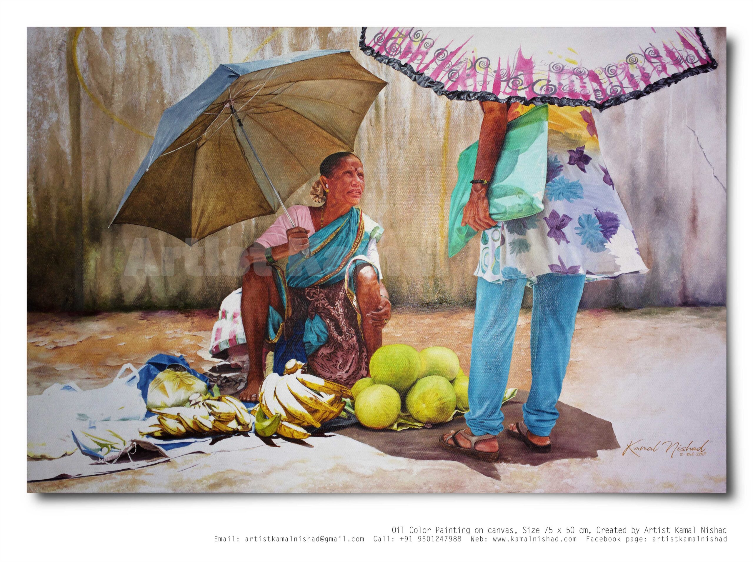 THE FRUIT SELLER (female) | Oil Color Painting THE FRUIT SELLER (female) This is a Handmade “Oil Color Painting”. on canvas, Size : 20 x 30 inches. Created by © Kamal Nishad. All rights reserved.