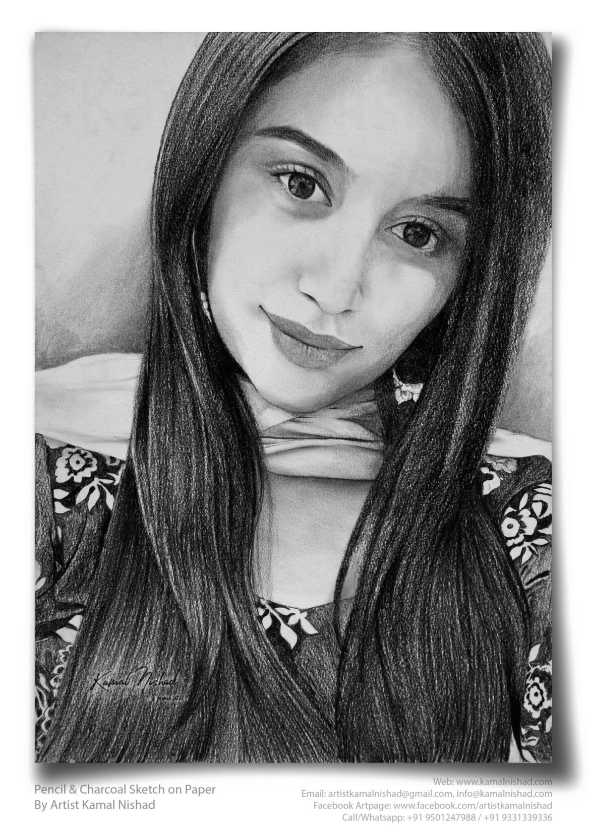 GORGEOUS GIRL | Pencil & Charcoal Sketch Title : GORGEOUS GIRL Medium : Pencil & Charcoal Sketch Size : A3 Paper size (Sketch size 29.7 x 42.0 cm*) Artist : Kamal Nishad This is a Handmade/hand-drawn Sketch made with Pencil & Charcoal “GORGEOUS GIRL”. This is a Gift from One of my Client to her friend. 💐 SIZE: Paper size A3 (work area 11.7 x 16.5 inches *estimated) Created by © Kamal Nishad. All rights reserved.