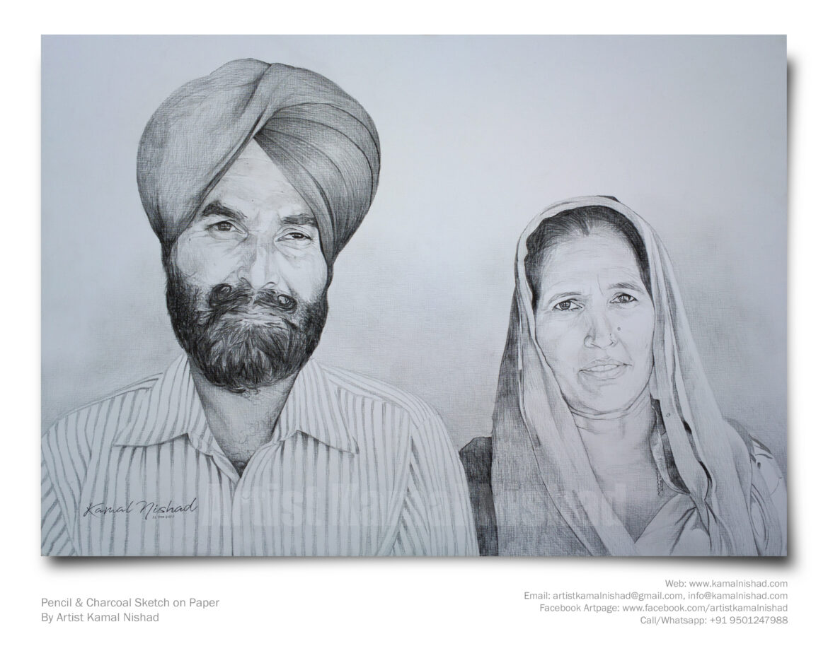 A SIKH COUPLE | Pencil & Charcoal Sketch This is a Handmade Sketch made with Pencil & Charcoal “A SIKH COUPLE”. One of my client/customer (MAN) wanted me to draw his parent’s portrait for their anniversary. SIZE: A3 Created by © Kamal Nishad. All rights reserved.