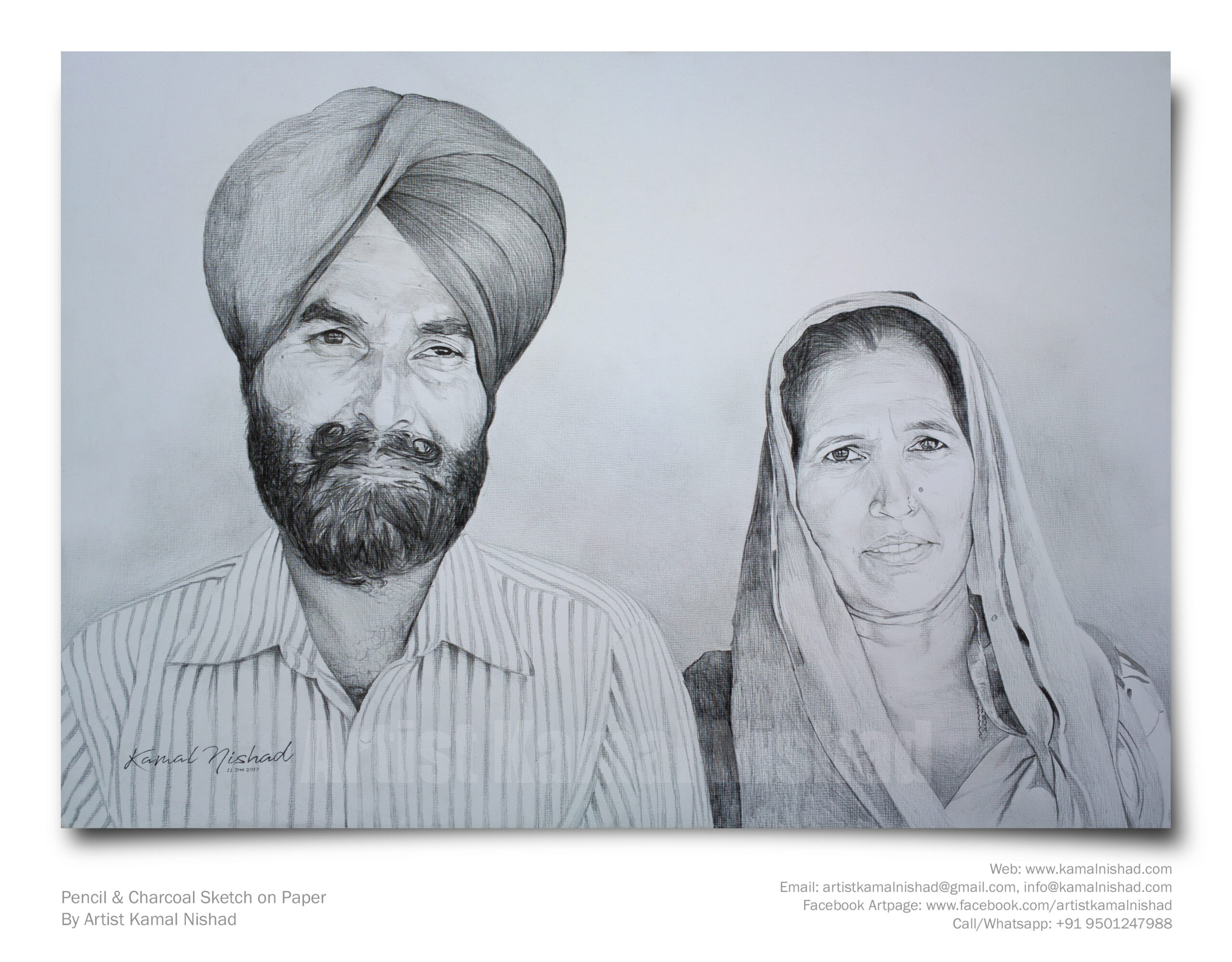 A SIKH COUPLE | Pencil & Charcoal Sketch This is a Handmade Sketch made with Pencil & Charcoal “A SIKH COUPLE”. One of my client/customer (MAN) wanted me to draw his parent’s portrait for their anniversary. SIZE: A3 Created by © Kamal Nishad. All rights reserved.