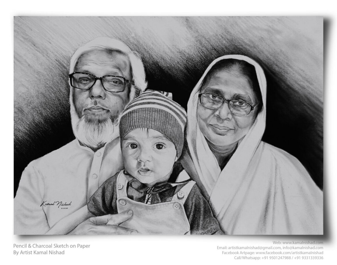 KID WITH DADA-DADI | Pencil & Charcoal Sketch Title : KID WITH DADA-DADI Medium : Pencil & Charcoal Sketch Size : A3 Paper size (Sketch size 29.7 x 42.0 cm*) Artist : Kamal Nishad This is a Handmade/hand-drawn Sketch made with Pencil & Charcoal “KID WITH DADA-DADI”. This is a Gift from One of my Client to their friends. 💐 SIZE: Paper size A3 (work area 11.7 x 16.5 inches *estimated) Created by © Kamal Nishad. All rights reserved.