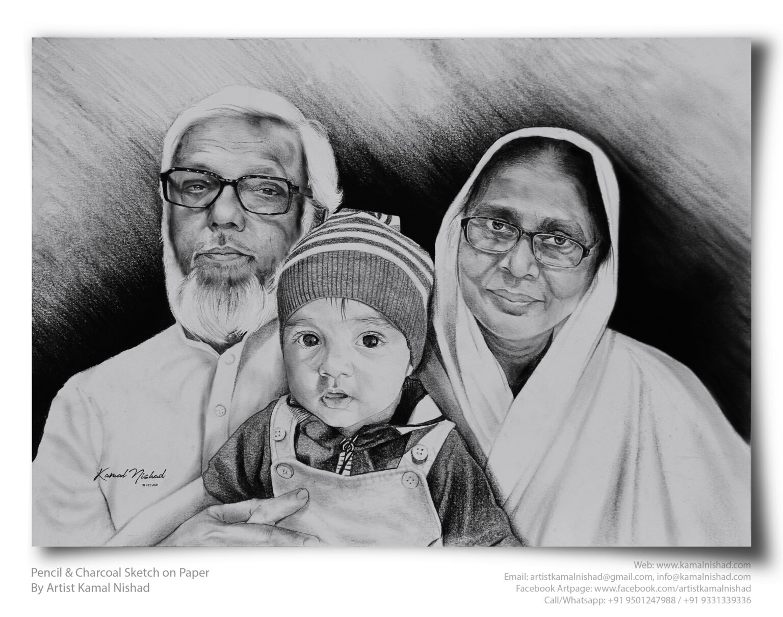 KID WITH DADA-DADI | Pencil & Charcoal Sketch Title : KID WITH DADA-DADI Medium : Pencil & Charcoal Sketch Size : A3 Paper size (Sketch size 29.7 x 42.0 cm*) Artist : Kamal Nishad This is a Handmade/hand-drawn Sketch made with Pencil & Charcoal “KID WITH DADA-DADI”. This is a Gift from One of my Client to their friends. ? SIZE: Paper size A3 (work area 11.7 x 16.5 inches *estimated) Created by © Kamal Nishad. All rights reserved.