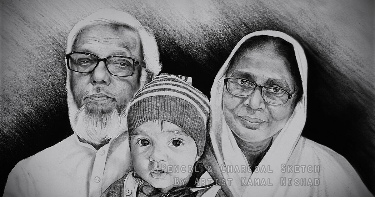 KID WITH DADA-DADI | Pencil & Charcoal Sketch Title : KID WITH DADA-DADI Medium : Pencil & Charcoal Sketch Size : A3 Paper size (Sketch size 29.7 x 42.0 cm*) Artist : Kamal Nishad This is a Handmade/hand-drawn Sketch made with Pencil & Charcoal “KID WITH DADA-DADI”. This is a Gift from One of my Client to their friends. ? SIZE: Paper size A3 (work area 11.7 x 16.5 inches *estimated) Created by © Kamal Nishad. All rights reserved.