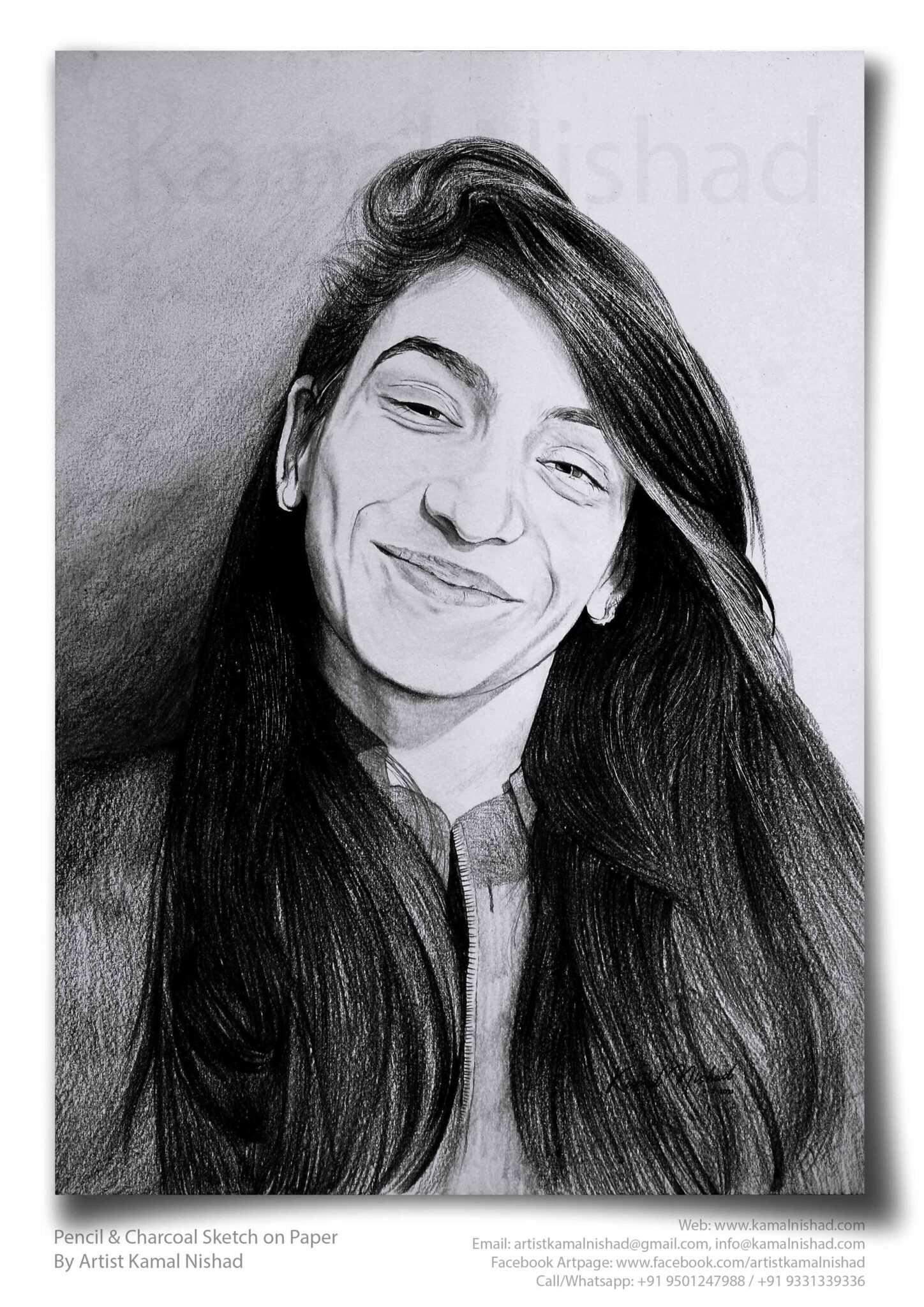 PLEASANT SMILE | Pencil & Charcoal Sketch Title : PLEASANT SMILE Medium : Pencil & Charcoal Sketch Size : A3 Paper size (Sketch size 29.7 x 42.0 cm*) Artist : Kamal Nishad This is a Handmade/hand-drawn Sketch made with Pencil & Charcoal “PLEASANT SMILE”. This is a Gift from One of my Client/Friend to her friend. ? SIZE: Paper size A3 (work area 11.7 x 16.5 inches *estimated) Created by © Kamal Nishad. All rights reserved.