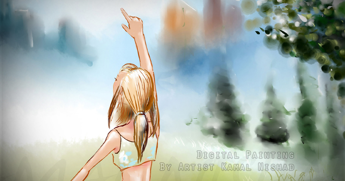 UMM.. YES.. THAT ONE ..! | Digital Painting / illustration This is a Digital painting / illustration. “Umm.. yes, that one ..!”. A beautiful girl plucking fruits from the tree with the help of her squirrel friends. Created by © Kamal Nishad. All rights reserved.