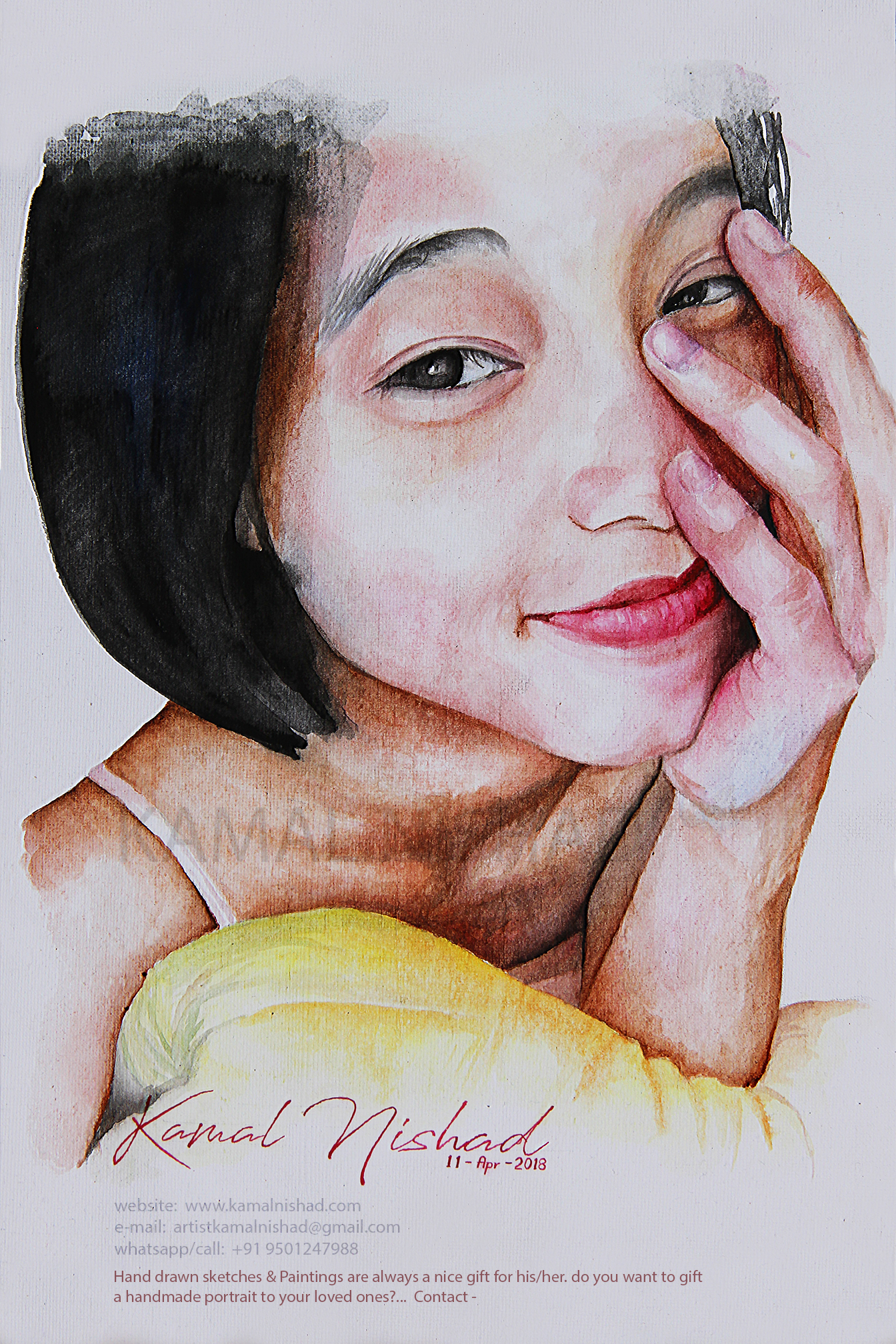 A MORNING SMILE | Water Color Portrait Painting “A MORNING SMILE” This is a hand-drawn “Water Color Portrait Painting”. The girl smiling in this painting is, my beautiful Chinese Friend. A smile can hide so many feelings. Fear, sadness, heartbreak… But it also shows one other thing, “strength”. “A smile is a curve that sets everything straight.” – Quote by Phyllis Diller Hand drawn sketches & Paintings are always a nice gift for his/her. do you want to gift a handmade portrait to your loved ones?… Contact : Artist Kamal Nishad ? Call/Whatsapp: +91 9501247988 Email: info@kamalnishad.com kamalnishad@yahoo.co.in artistkamalnishad@gmail.com Website: http://kamalnishad.com/ Facebook artpage: https://www.facebook.com/artistkamalnishad Instagram: https://www.instagram.com/kamalnishad/ Skype: Kamal Nishad (kamalnishad@hotmail.com) VK: https://vk.com/kamalnishad Pinterest: https://in.pinterest.com/kamalnishad/ Wechat: kamalnishad #kamalnishad #artistkamalnishad #watercolor #watercolordrawing #watercolorportrait #watercolorart #portraitart #beautifulgirl #artwork#artist #art #smile #drawing #drawingart #portrait #girl #beauty#beautiful #lovely #preatygirl #sweetgirl #cute #shy #birthdaygift #morningbeauty #goodmorning #smilingbeauty Created by © Kamal Nishad. All rights reserved.