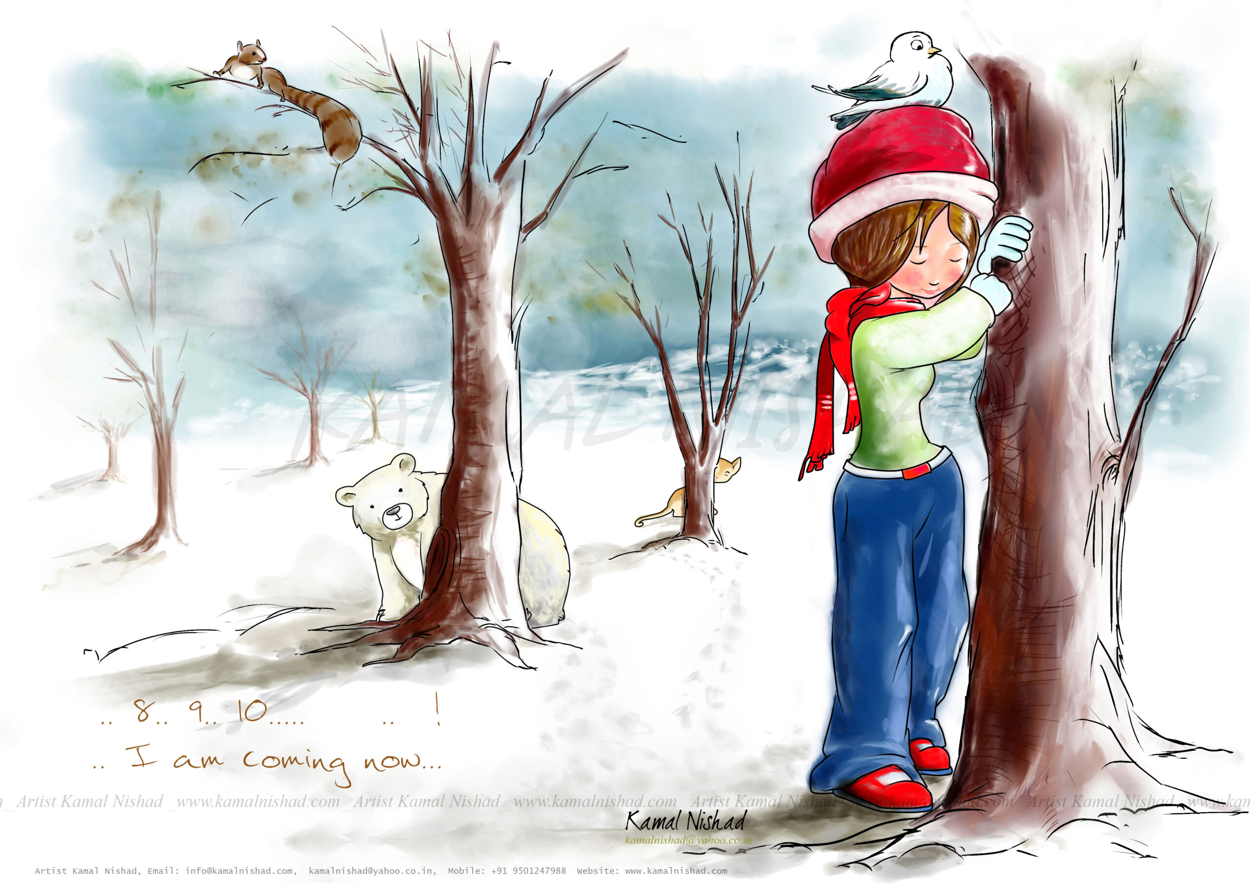 HIDE AND SEEK WITH NATURE | Digital Painting / illustration This is a Digital Painting / Digital Illustration “HIDE AND SEEK WITH NATURE”. In this painting you can see a cute and beautiful girl is playing hide and seek with her animal friends. Created by © Kamal Nishad. All rights reserved.