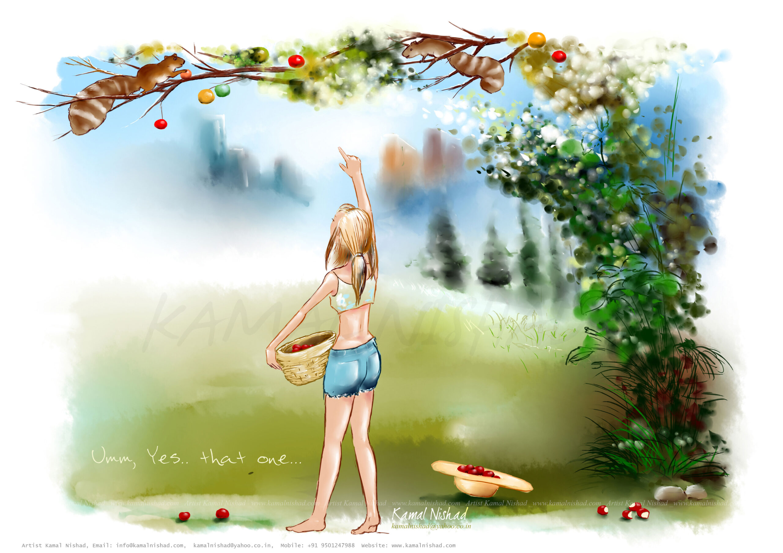 UMM.. YES.. THAT ONE ..! | Digital Painting / illustration This is a Digital painting / illustration. “Umm.. yes, that one ..!”. A beautiful girl plucking fruits from the tree with the help of her squirrel friends. Created by © Kamal Nishad. All rights reserved.