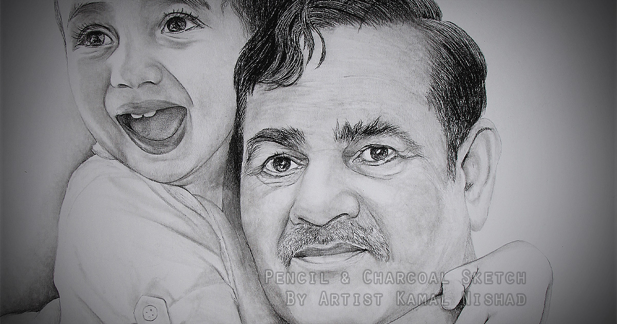 Grandchild and Grandfather _ Pencil and Charcoal sketch_ by Artist Kamal Nishad_ +91 95012 47988 _1200 x 630