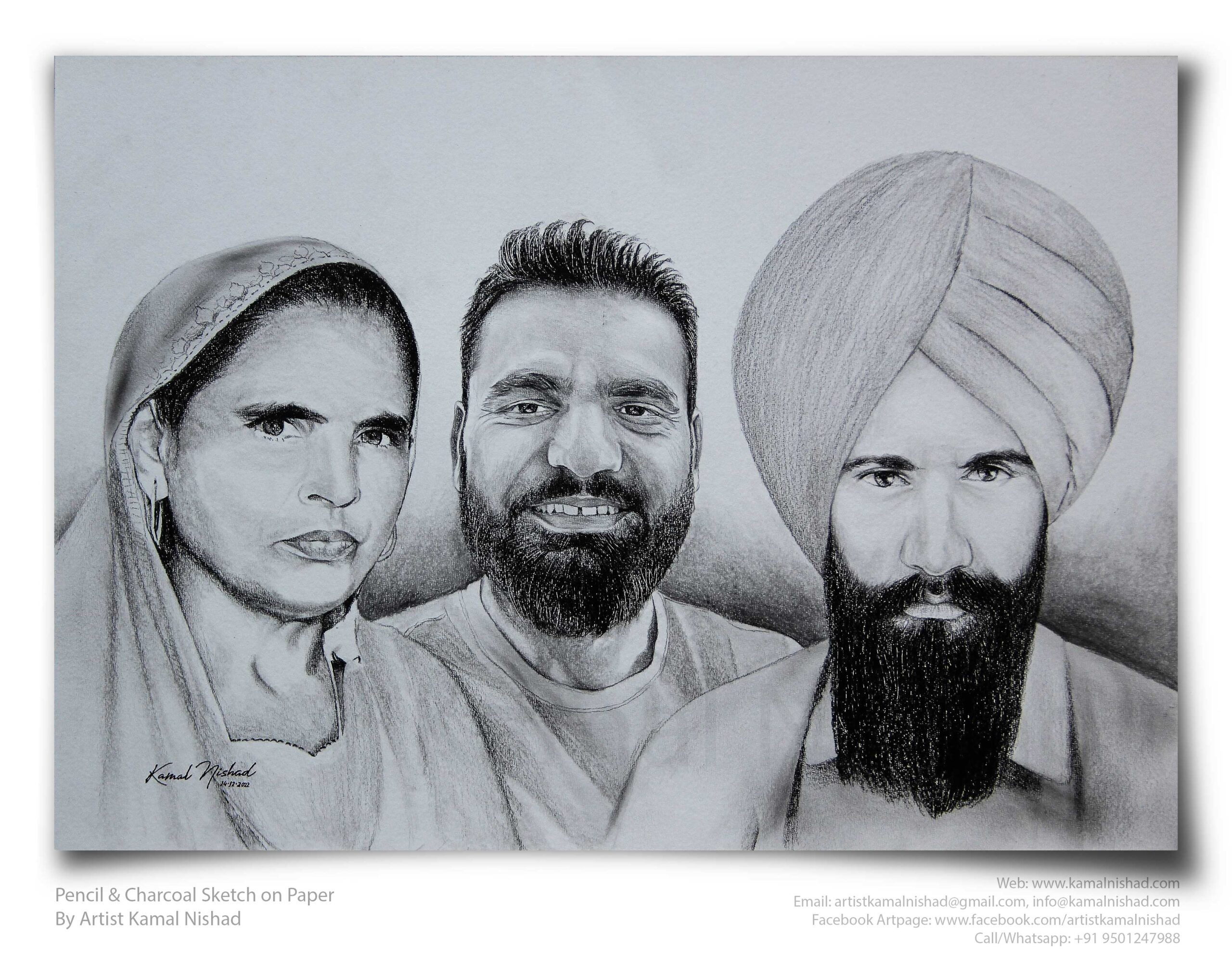PHOTO RESTORATION WITH SKETCH (2) A PUNJABI FAMILY | Pencil & Charcoal Sketch